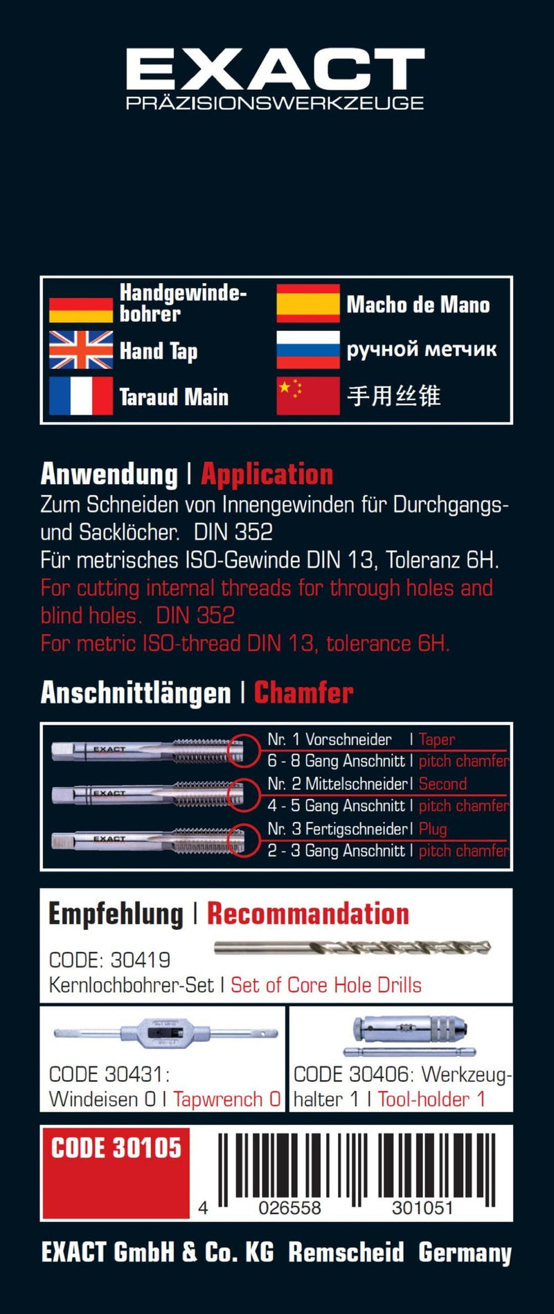[Australia - AusPower] - EXACT 30105 Hand Tap Set M8 HSS DIN 352 