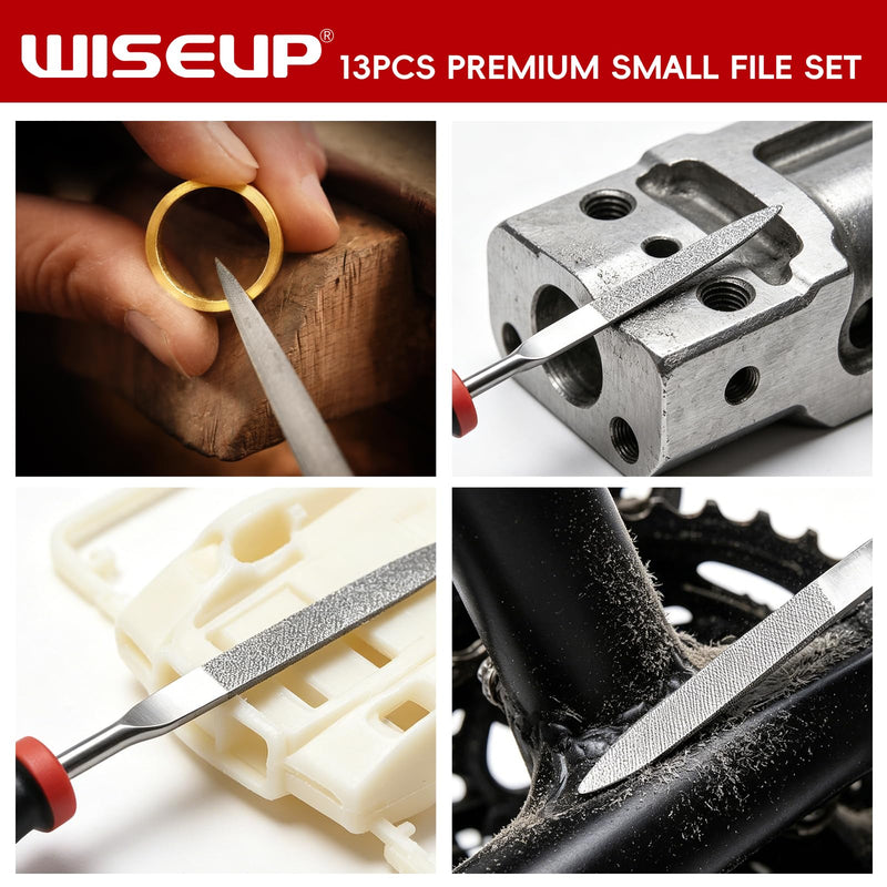 WISEUP 13 Piece Needle File Set with 6 Diamond Files and 6 Steel Files | Tool bag for jewelry, wood, plastic, metalwork and DIY enthusiasts