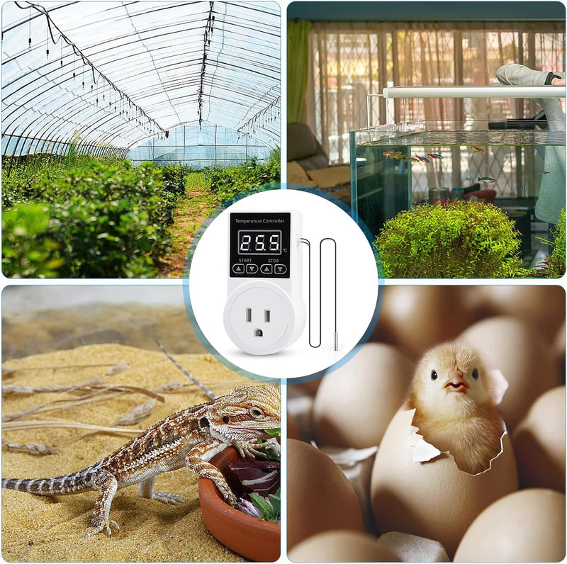 [Australia - AusPower] - Digital Thermostat Plug Socket, LCD Screen Temperature Controller US Plug with Water Proof Sensor Probe, Heating Cooling Temperature Switch Outlet for Reptile Greenhouse Terrarium Home 