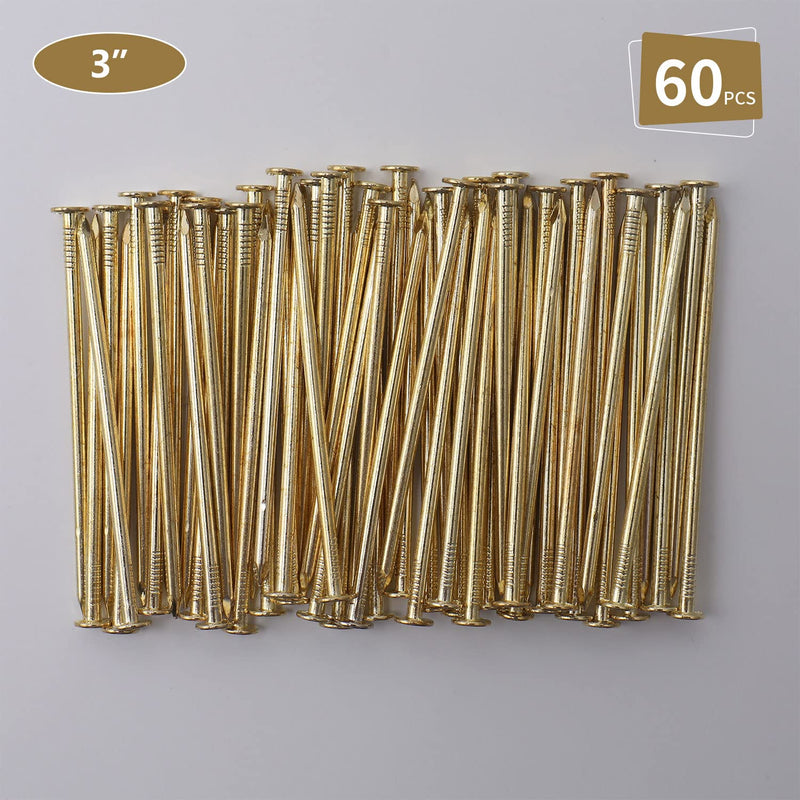 60pcs Gold Hardware Nails, 3 Inches Brass Plated Nails, Wall Nails for Hanging, Wood Nails, Roofing Nails, Long Nails, Wall Nails 3in 60