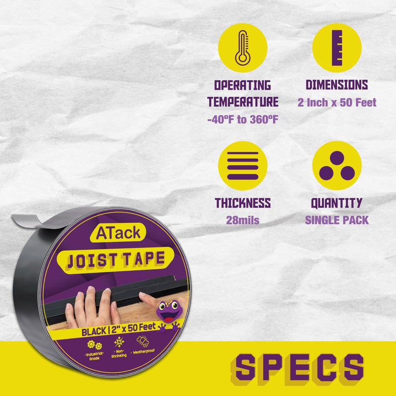 ATack Joist Tape for Decking 2 Inch x 50ft Waterproof, Non-Shrinking Deck Joist Tape 2 Inch - High Tack Butyl Flashing Sealant for Year-Round Protection on Wood, Metal, Composite, Roof Beams 2 Inch x 50 Feet Black
