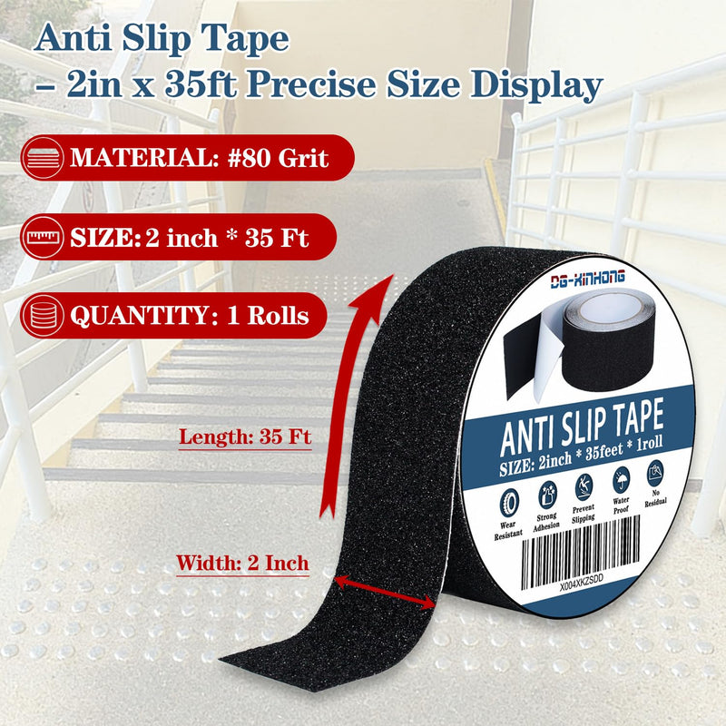 Anti-Slip Tape, 2 inches x 35 feet Safety Anti-Slip roll, 80-Grit Black Waterproof Durable Anti-Slip Strip, Suitable for Stairs, ramps, Decks, Trailers, for Indoor/Outdoor use.