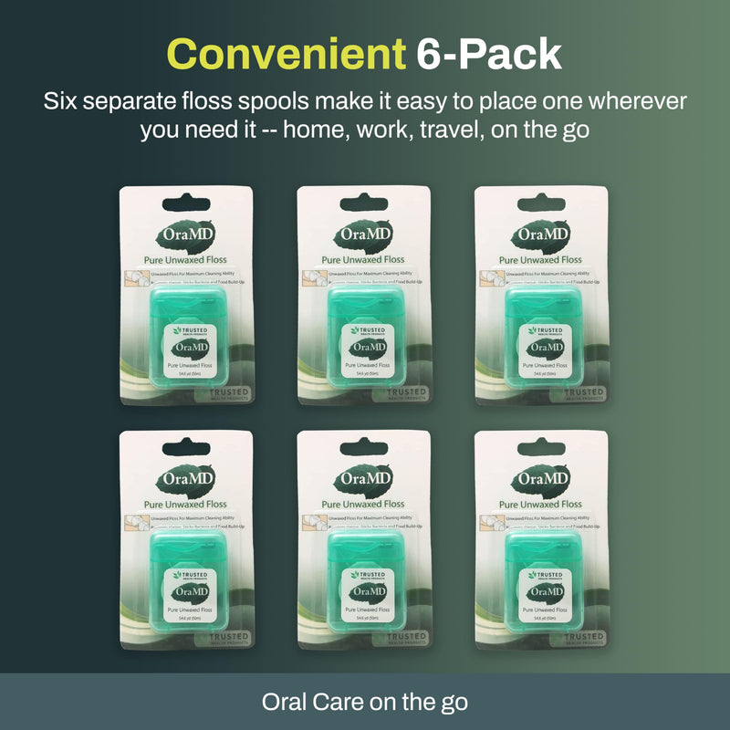 OraMD Oral Care Pure Unwaxed Dental Floss 54.6 Yards - PFAS-Free, Chemical Free, Shred Resistant - Unscented and Ultraclean Plaque Removal - Teeth and Gum Protection for Adults - Pack of 6 Six Dental Floss