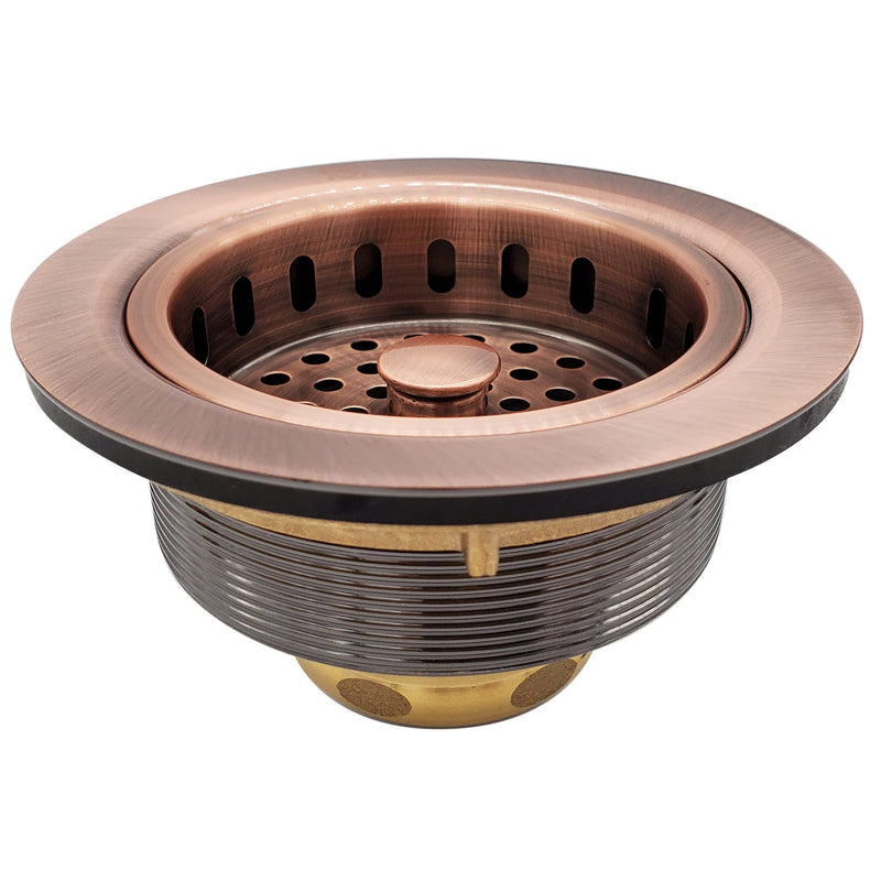 Westbrass A2165-11 4-1/4" OD Post Style Large Kitchen Basket Strainer with Waste Disposal Flange and Stopper Drain Set, Antique Copper