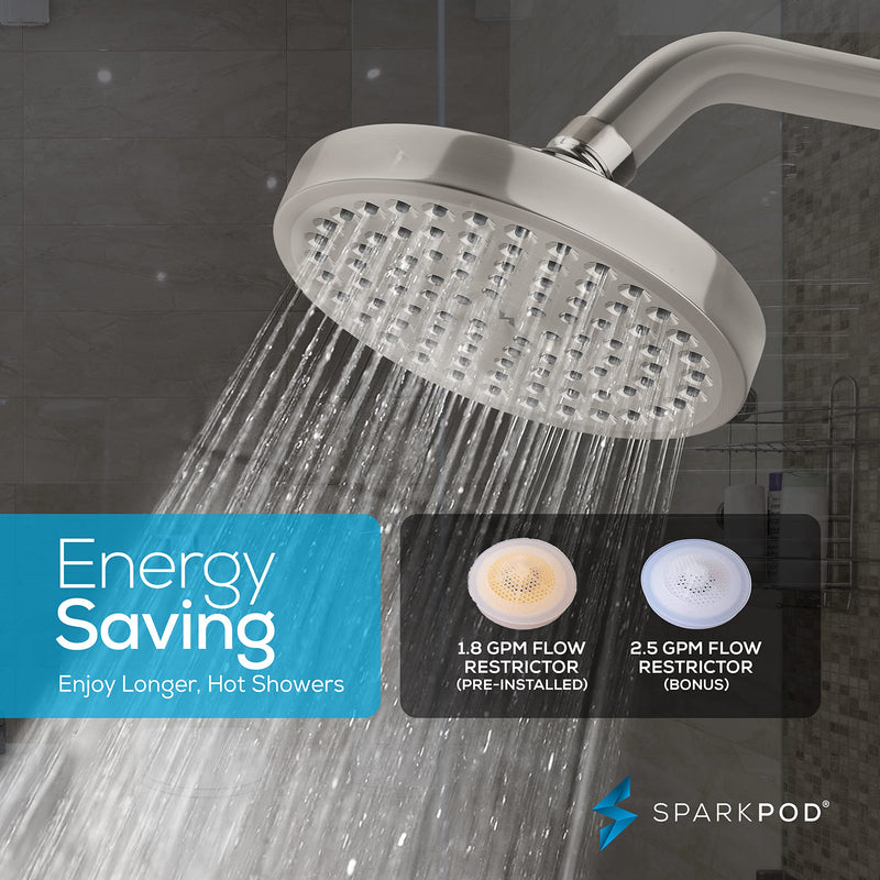 SparkPod 6" Rain Shower Head With 6" Shower Arm - High Pressure Rainfall Experience - No Hassle Tool-less 1-Min Installation - Enjoy Energy Saving Longer Hot Showers - Gain Space & Style - Durability Shower Head + 6 Inch Shower Arm