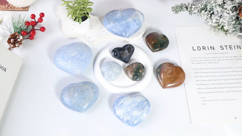 TUMBEELLUWA Blue Celestite Heart Shaped Worry Stone for Stress Relief #1 Blue Width 2.8"-3.15"