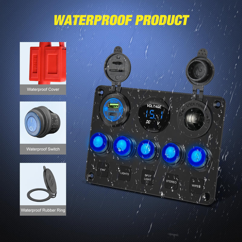 [Australia - AusPower] - Nilight 5 Gang Multi Function Waterproof Switch Panel PD Type C and USB Charger Digital Voltmeter 12V Outlet Rocker with Inline Fuse for RVs Cars Boats Trucks Trailers Waterproof Type C + USB Blue 
