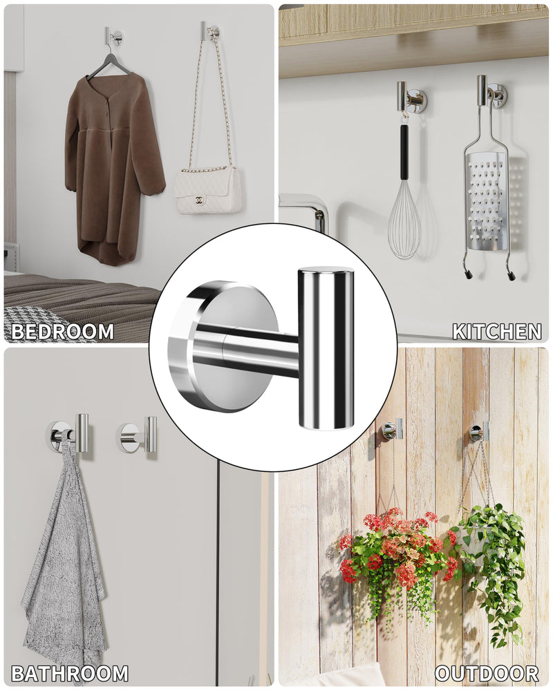RARXTR Chrome Bathroom Towel Hook, Coat Robe Clothes Hook for Kitchen Garage Wall Mounted 4 Pack, 304 Stainless Steel, Heavy Duty Door Hanger, Cabinet Closet Wall Hook for Hotel Pool (Polished Chrome)