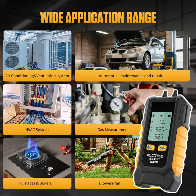 PT503 Manometer Gas Pressure Tester,Dual-Port HVAC Digital Manometer with Range of -100 to 200 KPa, 6 Units, Data Retention, 7Adapters, PT503