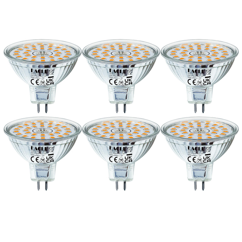 EACLL GU5.3 LED Warm White 6 W Replaces 50 W Halogen MR16 Bulb, Pack of 6, 550 Lumen 2700 K Bulb, AC/DC 12 V Flicker-Free Spotlight, Beam Angle 120° Spot, Not Dimmable Diameter 50 x H 45 mm Reflector Lamp 2700 K Warm White Light 6 pcs (pack of 1) 6w