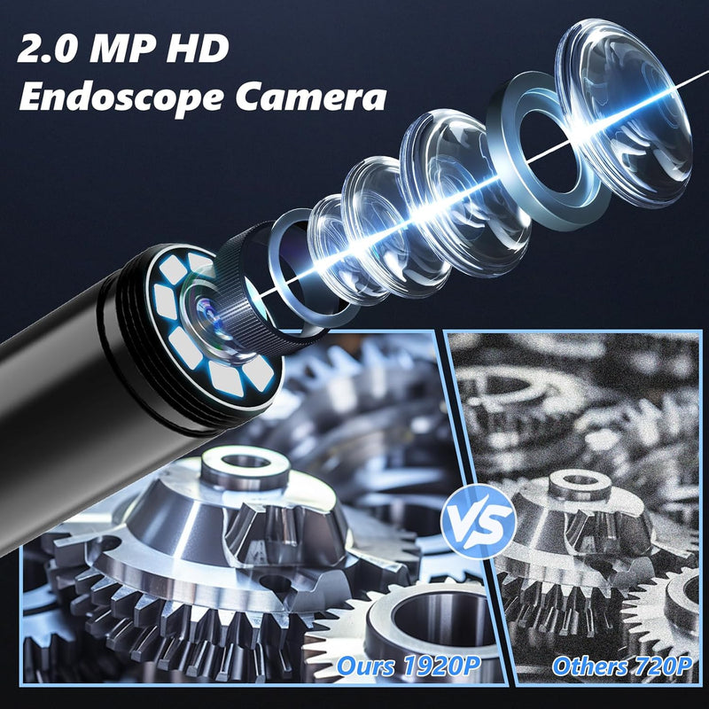 [Australia - AusPower] - 1920P HD 16.4ft Endoscope Camera with 8 LED Lights, iOS & Android Interface for Phones & Tablets, IP67 Waterproof Borescope, 7.9mm Semi-Rigid Inspection Camera for Drain Pipes, Car Engines, Walls 