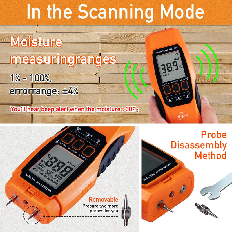 BOAK 2 in 1 Pin & Pinless Moisture Meter,Moisture Test Kit for Home With Self-Testing,Water Leak Detector,Moisture Sensor for Firewood,Drywall Mold Detector With Illumination and Alert.