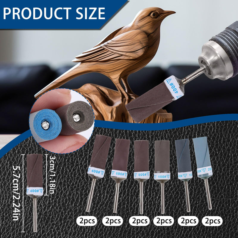 12pcs 400-2000 Grit Sanding Rollers for Tools, Drum Grinder Set for Rotary Tools, Drum Mandrels for Grinding and Polishing Wood, Plastic and Metal