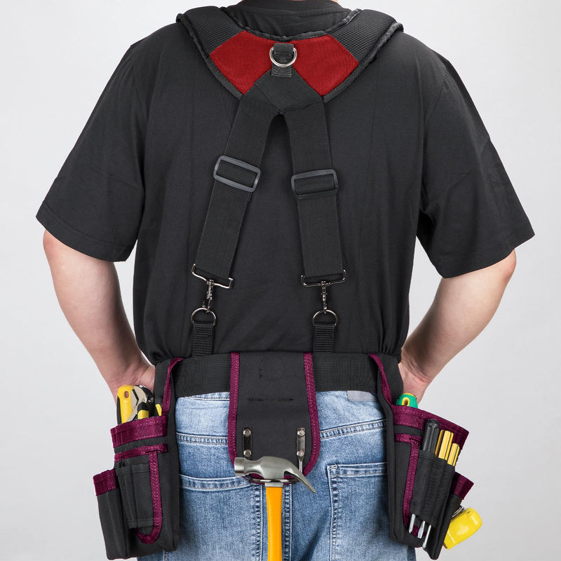 Tool Belt With Suspenders, 24 Pockets Tool Bag with Magnetic Wristband, Detachable Tool Pouch Bag, Adjustable Waists for Men Electrician Carpenter Construction (Red) TBS01-Red