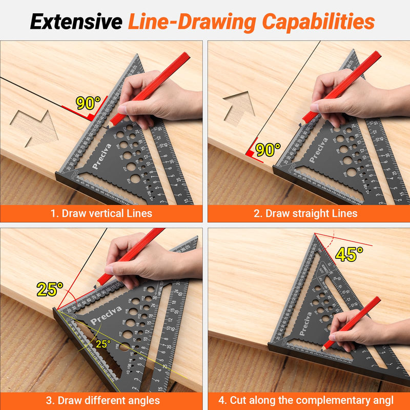 Carpenter's Square Set, Multifunctional Try Square Metal Aluminium Ruler Angle Guide 18 cm + 30 cm Carpenter's Square Carpenter's Angle Protractor Angle 45 and 90 Degree Angle Marking Gauge black 18cm+30cm