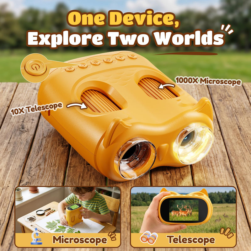 1000X Digital Microscope for Children Pocket: 2-in-1 Magnifying Glass and Telescope - Gift for Boys Girls from 3-8 8-12 Years - Experiment Set Portable Toy Outdoor Garden - STEM Birthday USB-C 1 yellow