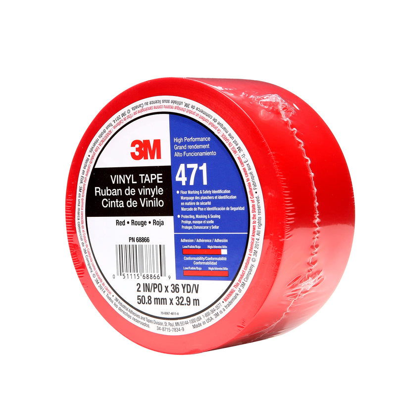 3M Vinyl Tape 471, Red, 2 in x 36 yd, 5.2 mil, 1 Roll, Red Floor Tape, Paint Alternative for Floor Marking, Social Distancing, Color Coding, Safety Marking