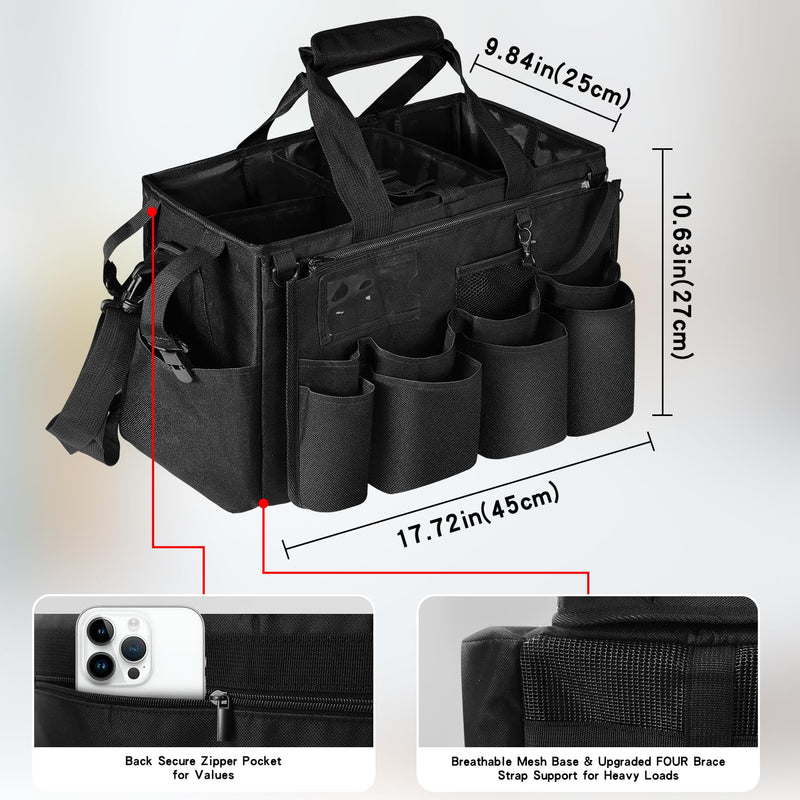 Grekos Wearable Cleaning Caddy Bag, Cleaning Caddy Suppliers Organizer with 4 Foldable Dividers, Handle & Shoulder Straps Cleaning Tool Organizers for Cleaners & Housekeeper (Black) black