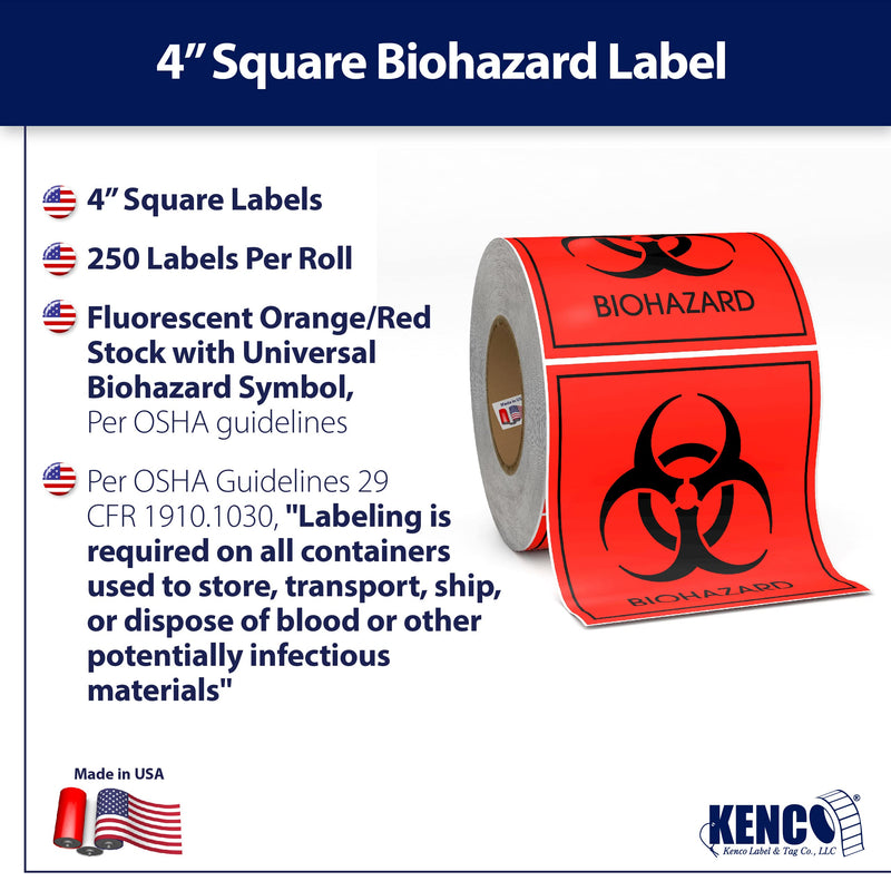 Biohazard Warning Labels 4" X 4" Inch, Fluorescent Red-Orange Hazardous Stickers 250 Labels Per Roll for Medical and Industrial Use and More - Made in the USA by Kenco (1) 1