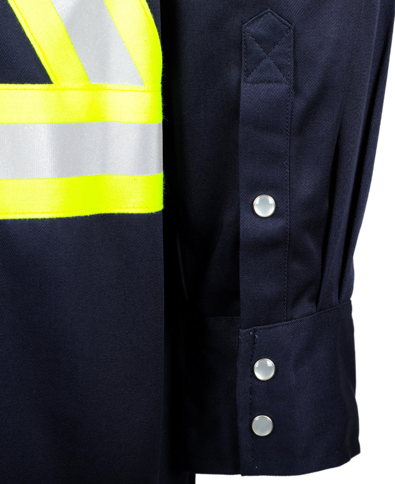 VATRENUS FR Shirt High Visibility Pearl Snaps7.5oz 100% Cotton CAT2 Flame Retardant Hi Vis Reflective Safety Shirt Medium Navy