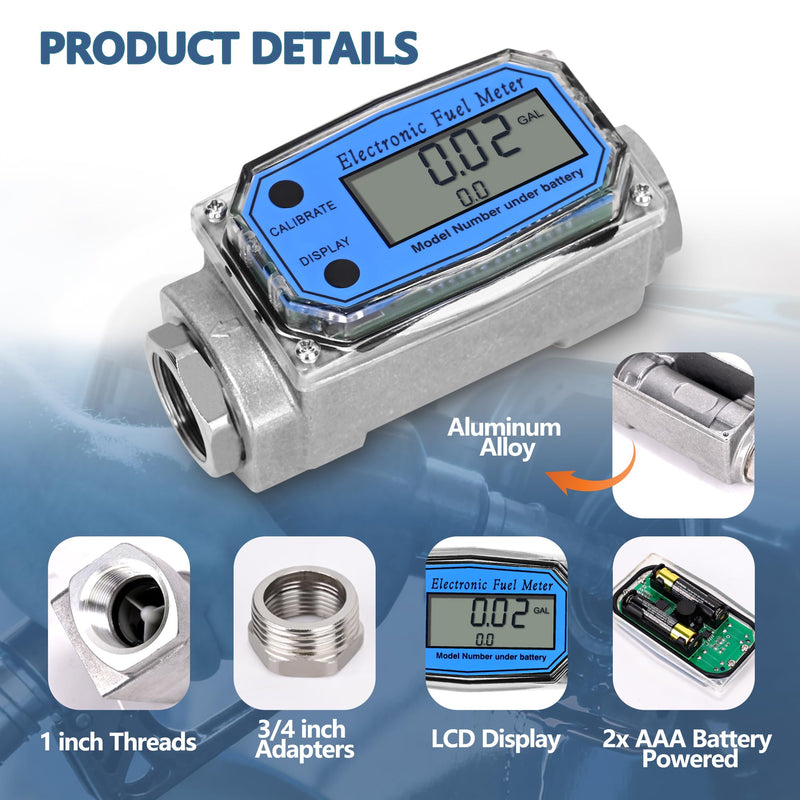 [Australia - AusPower] - 1" Turbine Fuel Flow Meter, 2.6-26 GPM Inline NPT Thread Flowmeter with 3/4" Adapters,Digital Fuel Flow Meter,for Kerosene,Biodiesel, Light Chemicals- Supports Gallon, LTR, PT, QT 