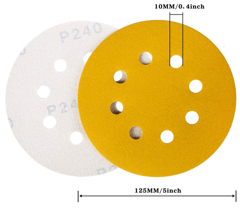 Stebruam Pack of 110 Sandpaper 125 mm Velcro for Eccentric Sanders | Professional Gold Round 125 Sanding Discs Round 8 Holes for 8 Hole Round Random Orbital Sander Sanding (60-800 with Grit) Pack of 110 mix grit