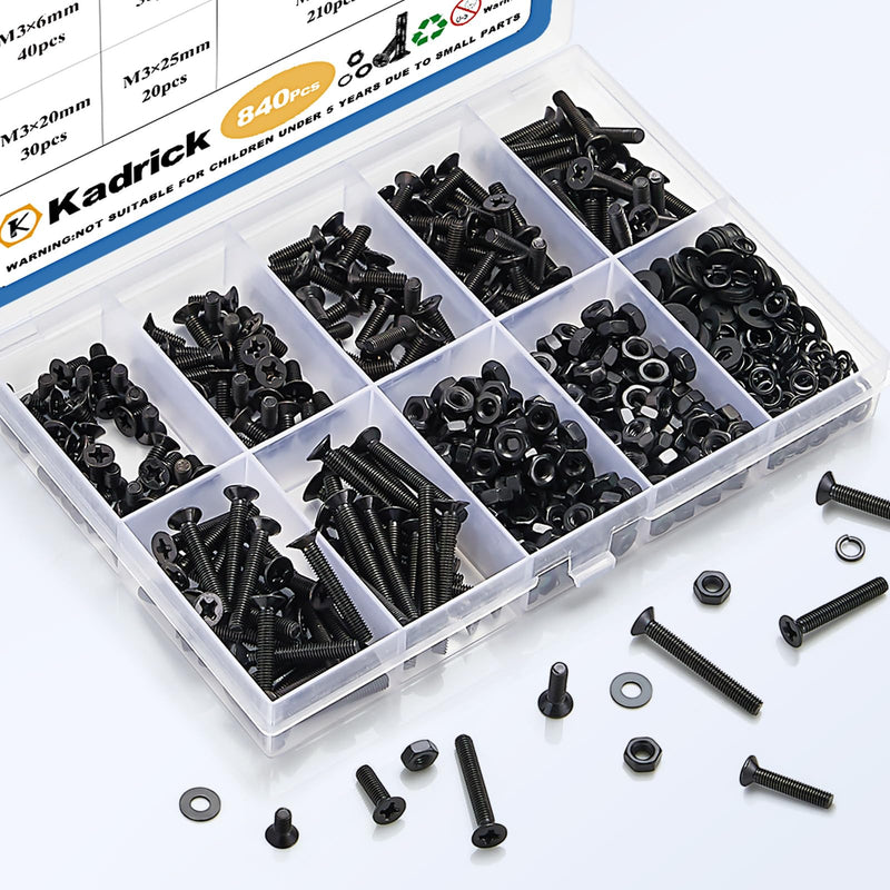 [Australia - AusPower] - KADRICK 840Pcs M3 Countersunk Screws,M3 Flat Head Screws,Phillips Bolts Nuts Washers Assortment Kit,Lenth of 6MM/8MM/10MM/12MM/16MM/20MM/25MM 