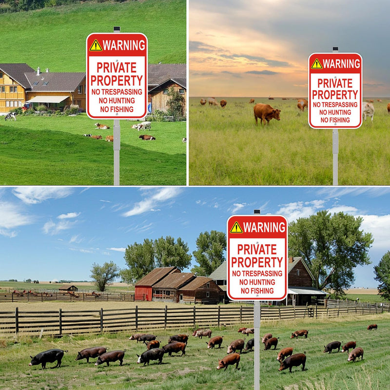 2 Pack Private Property No Trespassing Signs with 36" Metal Stakes, 10x14 Inches, Reflective Aluminum, No Hunting No Fishing Signs 2 Pack-10"x14" with 36" Stakes