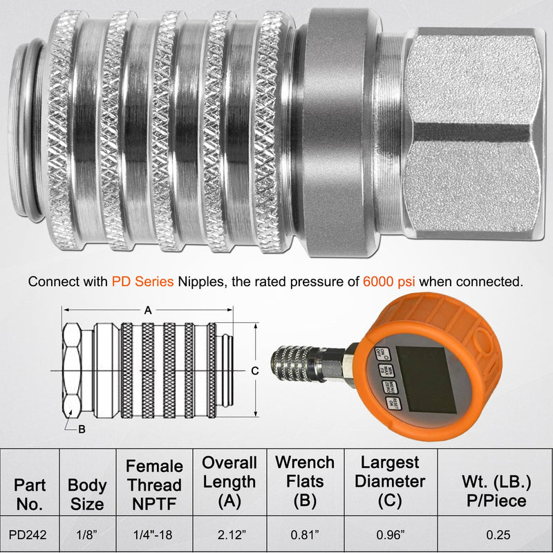 [Australia - AusPower] - PD242 Series PD Steel Hydraulic Test Port and Diagnostic Equipment Quick Connect Coupler with Female Pipe Thread, 1/8" Body Size, 1/4" - 18 NPTF Thread Size, 2.12" Length 