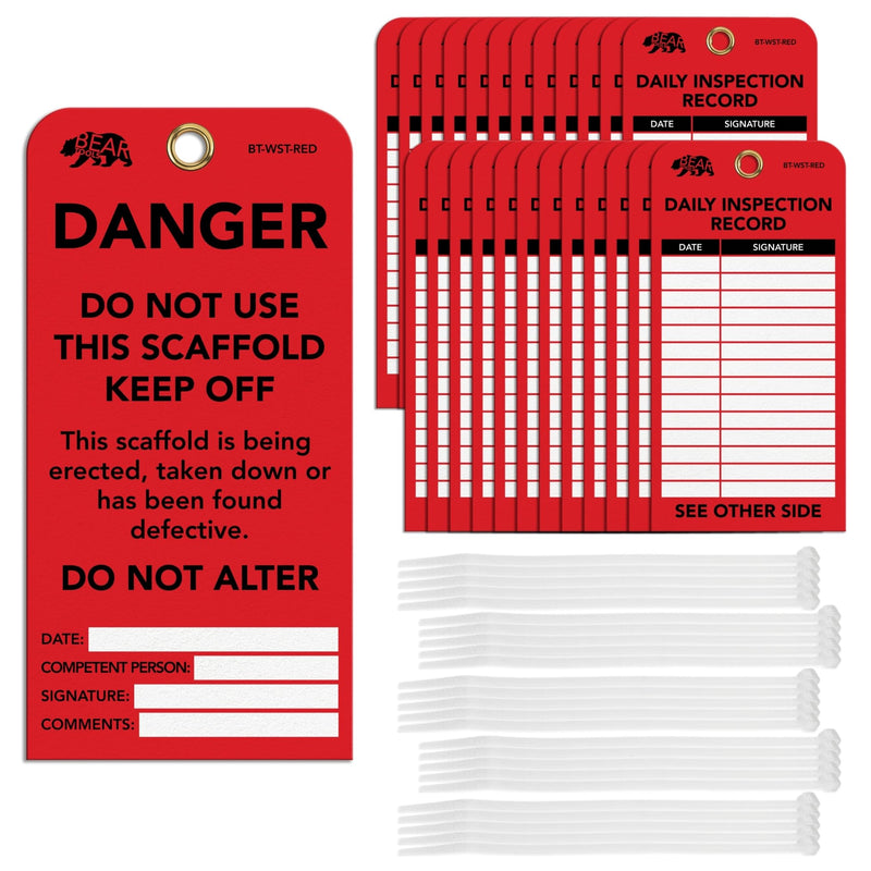 BearTOOLS Scaffold Tags - Safety Inspection Kit with Cable Ties - Danger Scaffold Status Warning Sign - Laminated 3 x 6 in, Pack of 25 - Weatherproof, Tear-Resistant - Red Tags