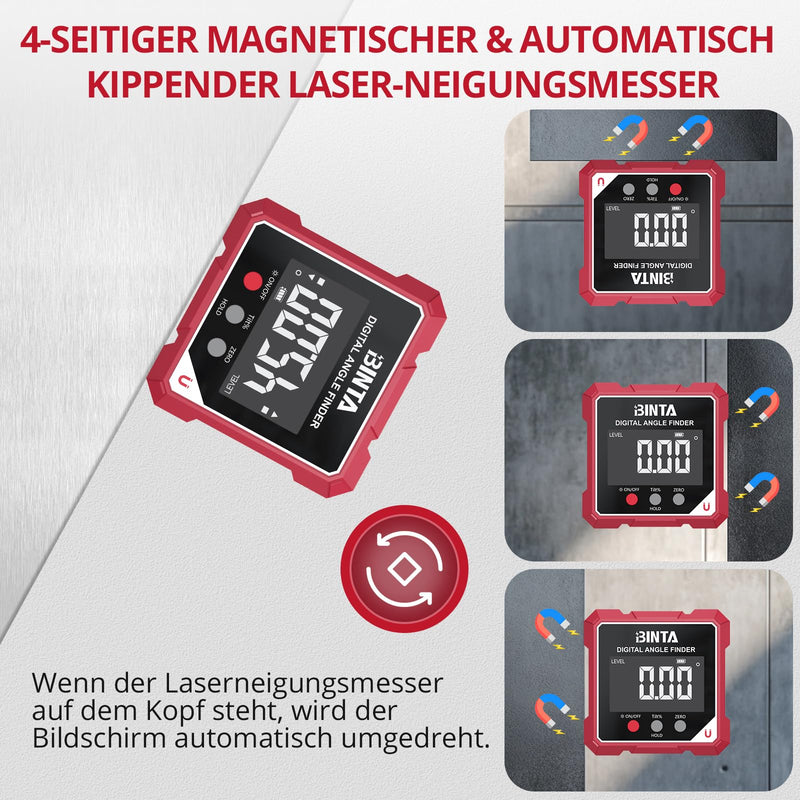 [Australia - AusPower] - BINTA Digital Protractor Inclinometer Laser Spirit Level with LCD Display, Rechargeable IP54 Waterproof Magnetic Levelling Box Level Box for Woodworking, Construction, Decoration, DIY 
