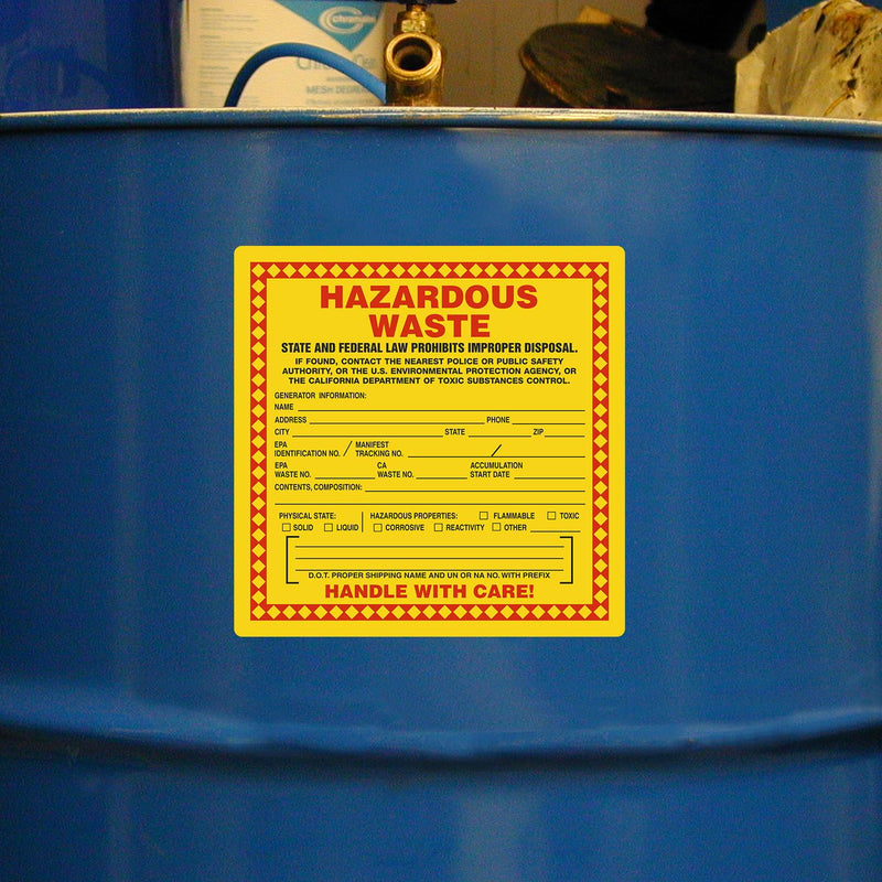 SmartSign (100-Pack) California Hazardous Waste Handle with Care Labels, 6" x 6", Write-On Plastic Labels, Drum Labels with Permanent Adhesive, Red/Black with Yellow Hazardous Waste - 4