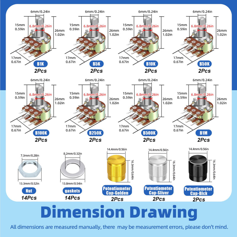 [Australia - AusPower] - Glarks 50pcs WH148 Dual Linear Rotary Taper Potentiometer Kit, 1K 5K 10K 50K 100K 250K 500K 1MK OHM 6 Pins Split Shaft Rotary Linear, Volume Control Potentiometer with Knob 