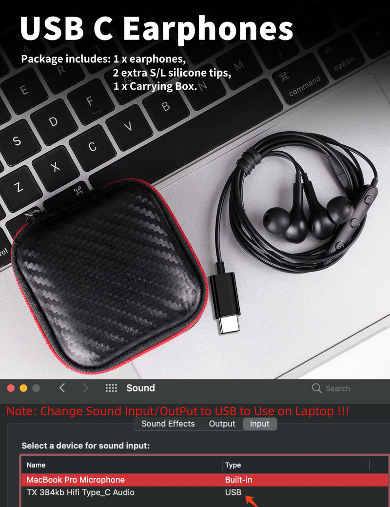 [Australia - AusPower] - USB C Headphone for Samsung S23 FE S22 S21 S20 A53 A54 Wired Earbuds Magnetic in-Ear Type C Earphone with Microphone Volume Control Bass Stereo Noise Canceling Black 