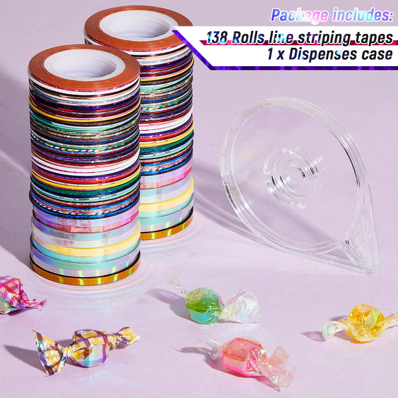 Outus 138 Rolls Striping Tape for Tumblers Nail Tape Lines Holographic Pinstripe Decals 1 mm 3 mm Self Adhesive Glitter Striping with Dispenser Case for DIY Tumblers Nail Decoration Craft