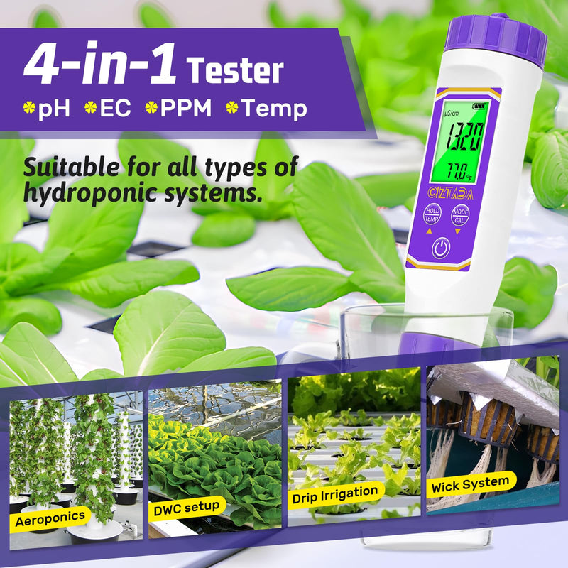 [Australia - AusPower] - Smart pH Tester and 1413 μS/cm Calibration Solution for Hydroponics Water, 4 in 1 pH EC TDS Meter with Conductivity Standard Calibration Solution Kit for Indoor Plant Growing 