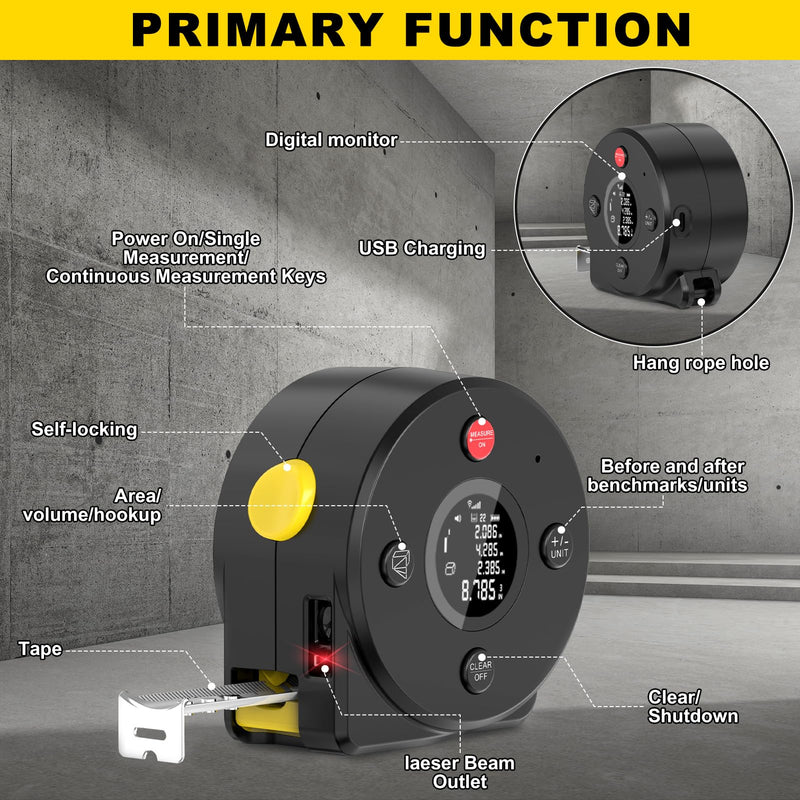 Usteetic Laser Tape Measure 164Ft Measurement & 16Ft Manual Measuring, Digital Tape Measure Digital Laser with M/in/Ft/Ft+in Units, LCD Display, Self-Locking Tape, Lanyard Design