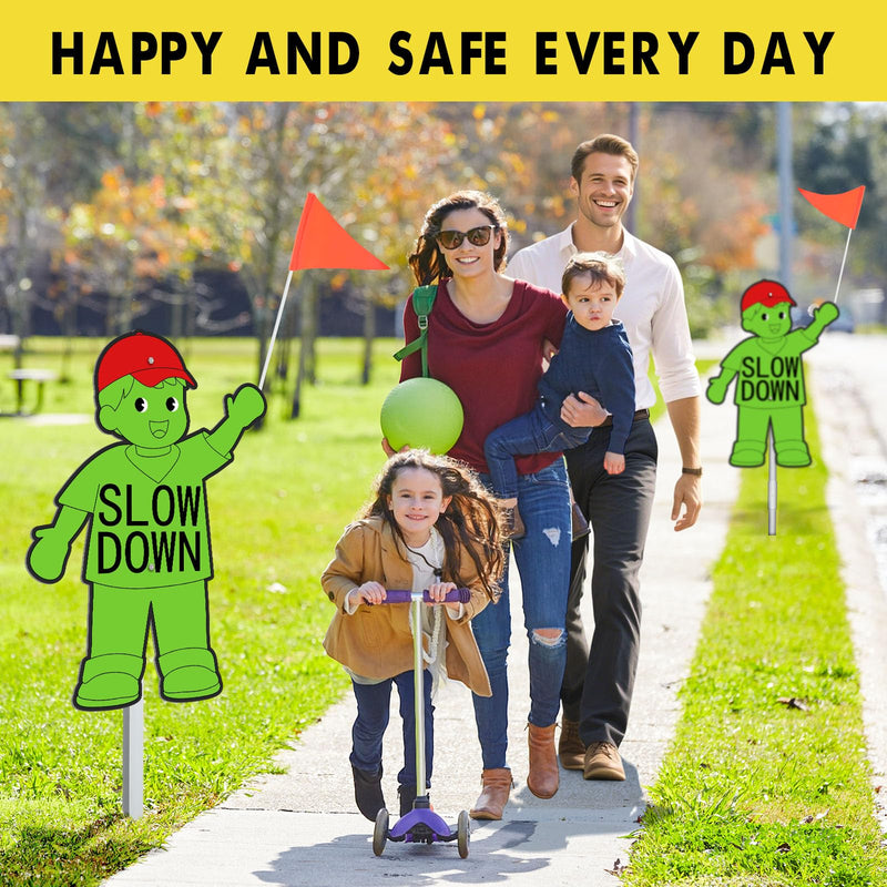 Copkim 2 Set Metal Slow Down Kids at Play Sign with Stake Safety Flag Double Sided Weatherproof Children at Play Safety Street Sign 38" Tall for Neighborhoods Community Outdoor Yard(Boy Style,Green) Green Boy Style