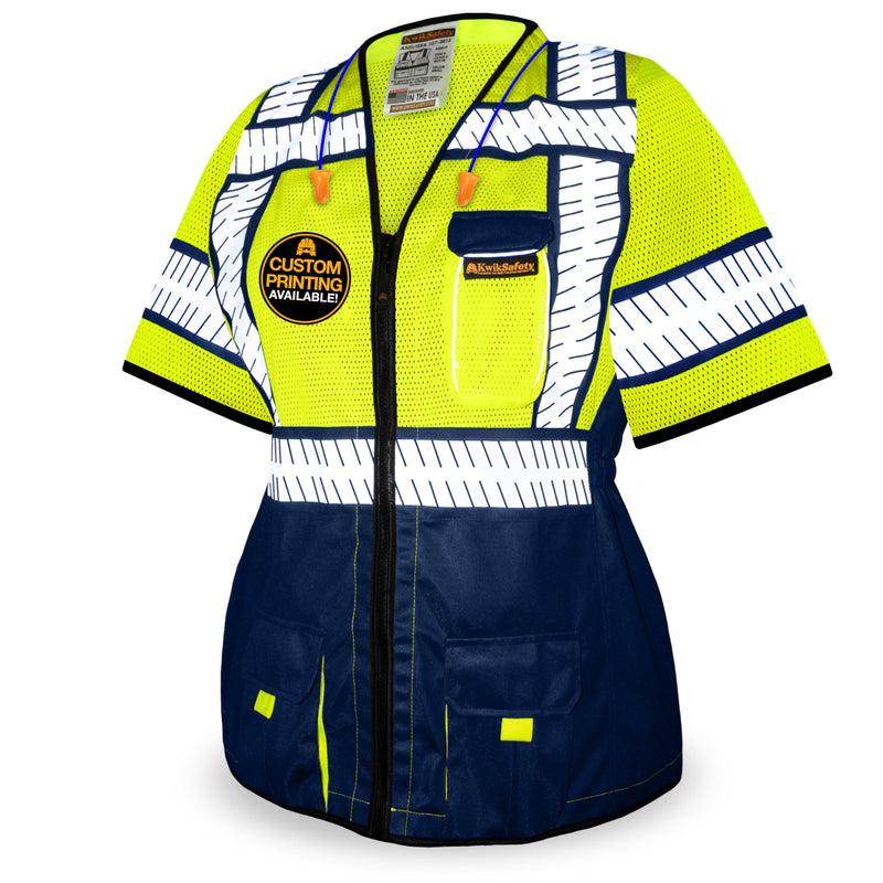 KwikSafety - Charlotte, NC - SHERIFF Class 3 Safety Vest for Women [REFLECTIVE FISHBONE TAPE] ANSI Tested OSHA Compliant Hi Vis PPE Work Gear/Blue Small