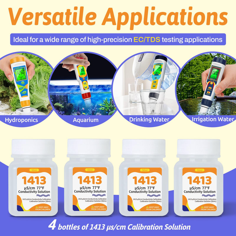 [Australia - AusPower] - Smart pH Tester and 1413 μS/cm Calibration Solution for Hydroponics Water, 4 in 1 pH EC TDS Meter with Conductivity Standard Calibration Solution Kit for Indoor Plant Growing 