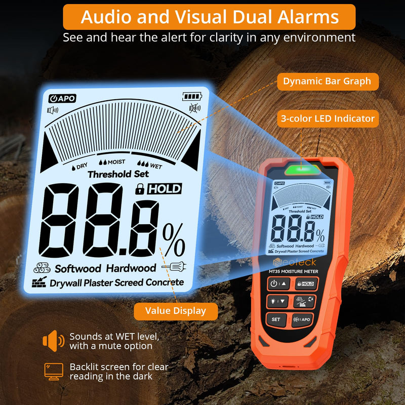 Neoteck 2 in 1 Moisture Meter 19mm Inductive Depth Wood Moisture Meter with ±2% Accuracy Rechargeable Pinless Moisture Meter for Soft/Hard Wood Drywall Plaster Screed Concrete