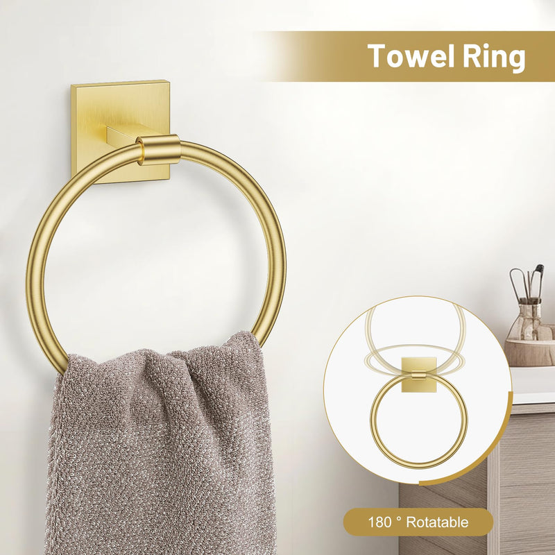 TURS Brushed Gold 4-Pieces Towel Ring Set Include Towel Ring Toilet Paper Holder Towel Hook SUS304 Stainless Steel Bathroom Accessories Kit Wall Mounted Set C