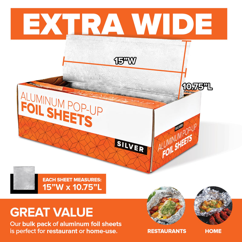Stock Your Home Aluminum Foil Sheets, 200 Count, 15' Extra Wide Heavy Duty, Pop Up Foil Sheets for Restaurant, Deli, Home Use 15 inches