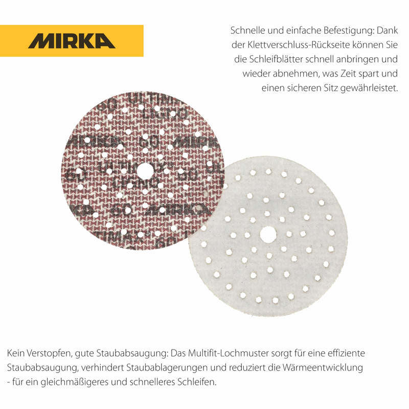 Mirka Ultimax Ligno Ø 150mm Sanding Discs Hook and Loop Multifit / Grit 60 / 50 Pieces / Multi-punched / for sanding wood surfaces | Multi-punched for efficient dust extraction, durable, ideal for sanding wood surfaces, grit 60, pack of 50