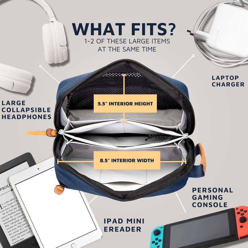 [Australia - AusPower] - Tech Bag Organizer - Small Electronics Organizer Pouch for Travel - Premium Travel Case with Leather Accents - Mesh Pocket for Cables, Cords and Chargers (Navy) Navy 