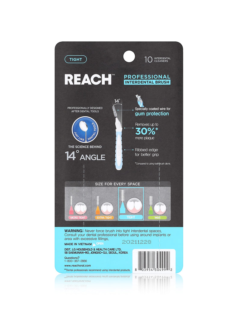[Australia - AusPower] - Reach Interdental Brush Cleaners, Tight, 10 Count, Sensitive Gum Protection, Plaque Remover, Brushes Between Teeth & Braces, Dental Toothbrushes, Oral Care, for Adults & Kids 1 Count (Pack of 10) 