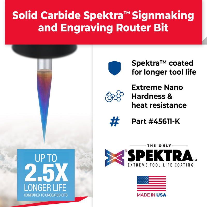 Amana Tool Spektra Extreme Tool Life Coated Solid Carbide Signmaking and Engraving Router Bit, 45611-K, 15 Degree Engraving 0.005 Tip Width x 1/4 Shank x 2-1/4 Inch Long