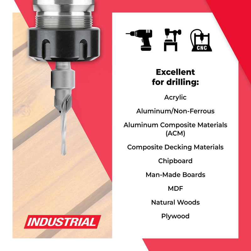 Amana Tool Carbide Tipped Countersink Drill Bit, 55202, 6 Screw, 3/8 Dia x 1/8 Drill Dia x 5/16 Round Shank