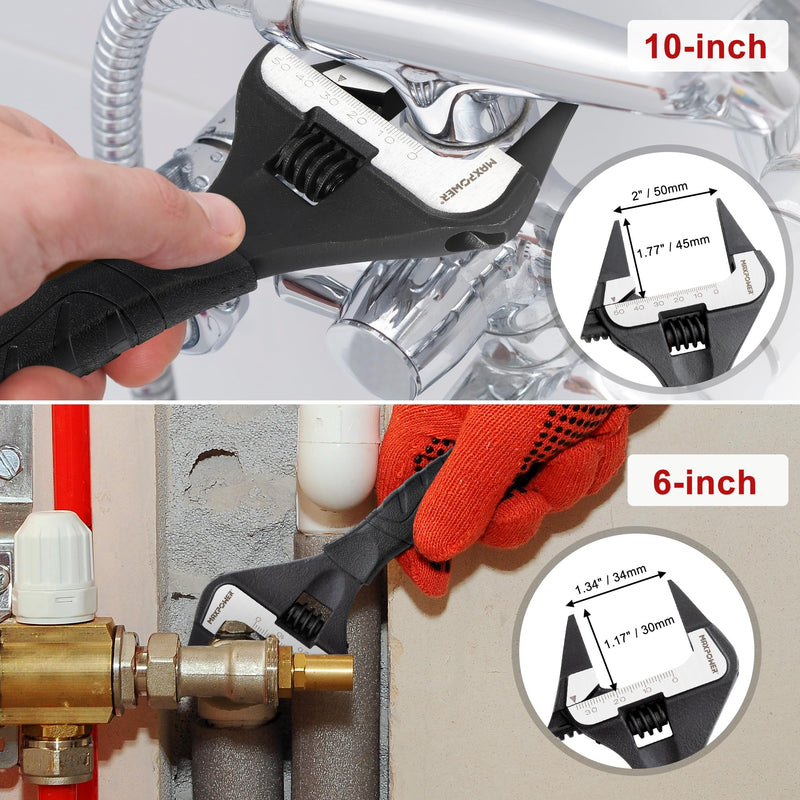 MAXPOWER Slim Adjustable Wrench Set, 6" & 10" Wide Jaw Opening, Dual Scale With Metric and SAE Plumbing Wrenches, Deep Jaw With Soft Grip Handle 6" 10"
