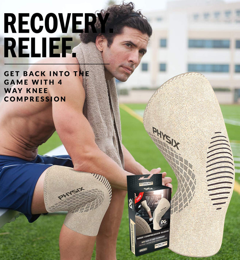 [Australia - AusPower] - Physix Gear Knee Compression Sleeve for Men & Women - Best Compression Knee Brace for Walking, Running, Gym, Basketball, Weightlifting,Workout, Sports - Knee sleeves Support Compression & Stability M Beige/Black 